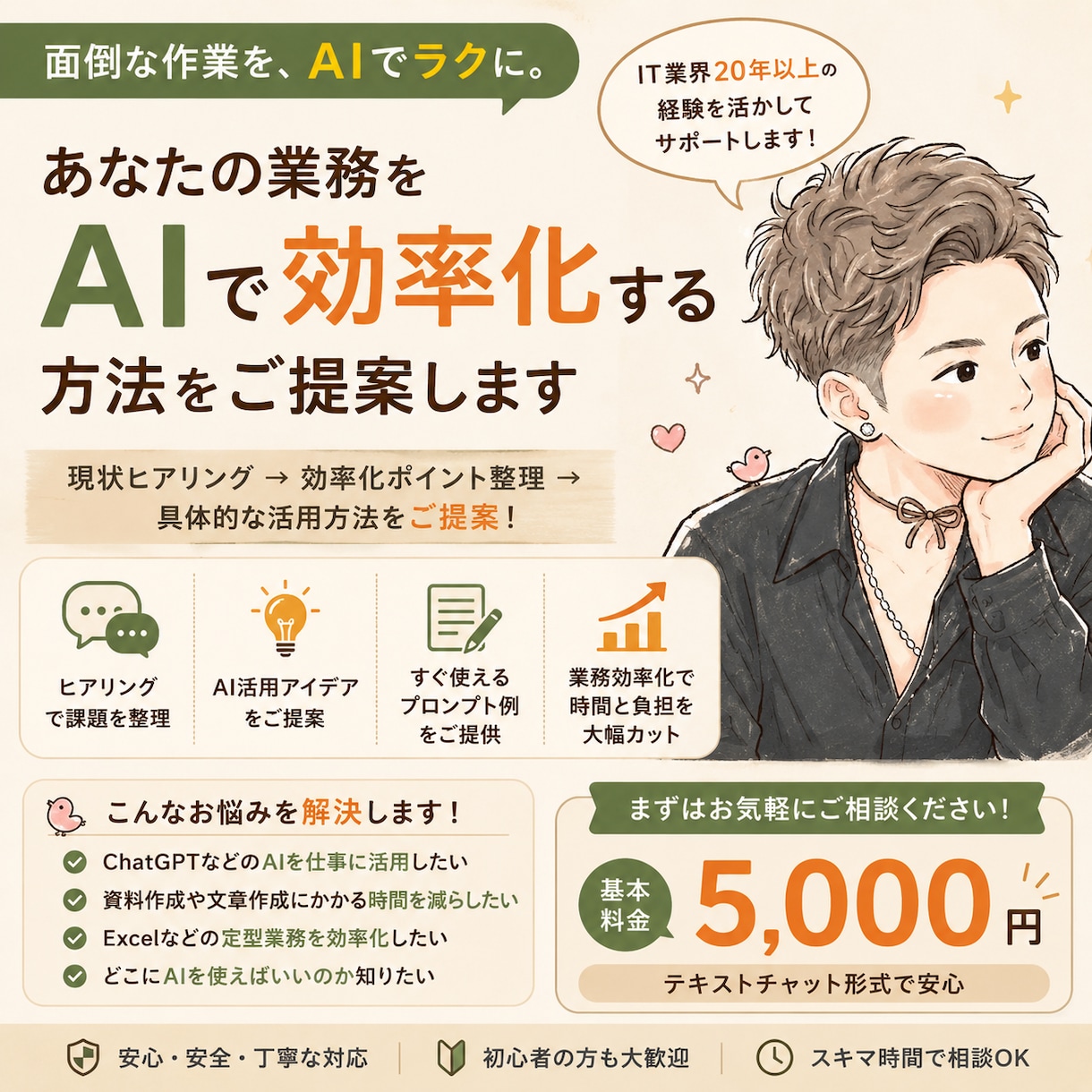 面倒な仕事をAIで効率化する方法を一緒に考えます その作業、もっとラクにできるかもしれません。 イメージ1