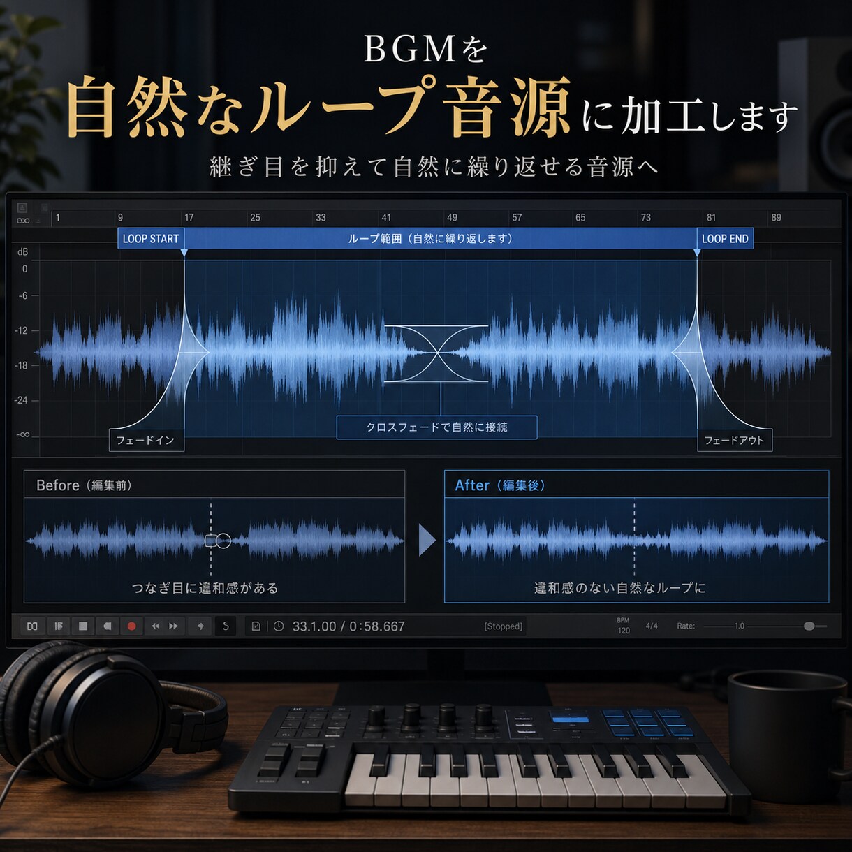 BGMを自然なループ音源に加工します ゲーム・動画・配信用に繰り返し使いやすい音源へ仕上げます イメージ1