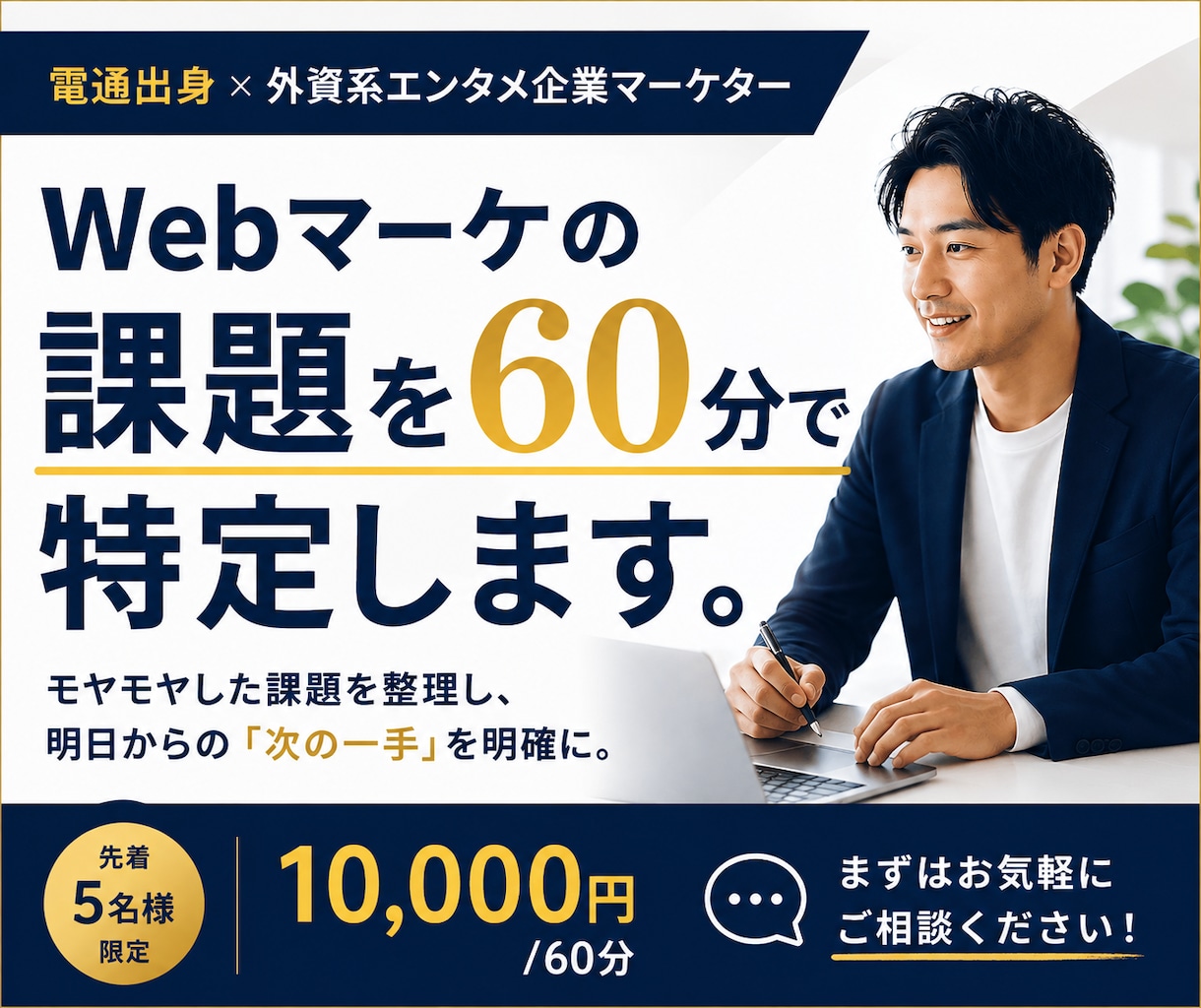 電通出身マーケターがWebマーケの課題整理します 元電通のプロ視点で最適なマーケ戦略と戦術をお出しします イメージ1