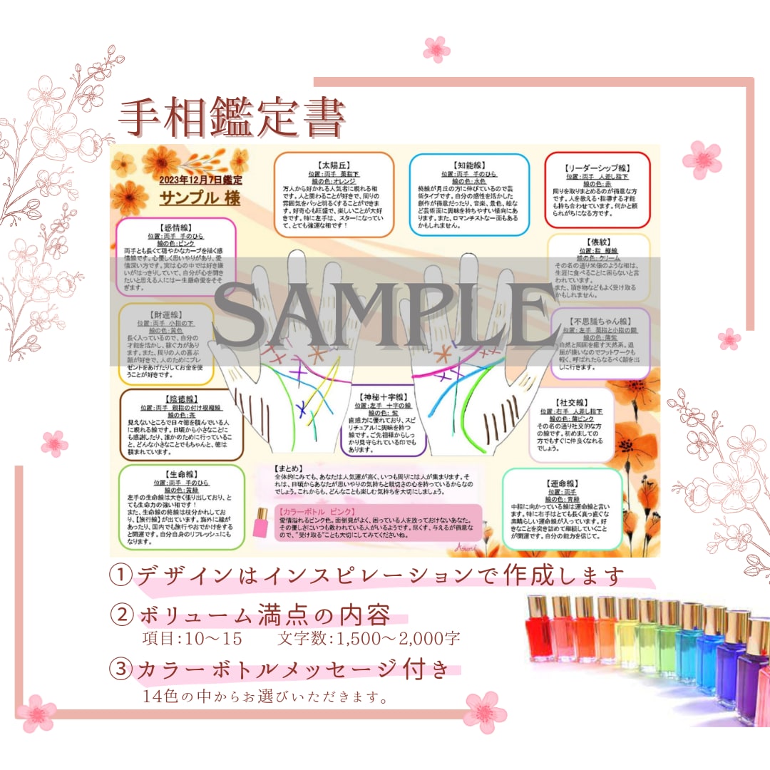 あなただけのオリジナル手相鑑定書を作成します ボリューム満点！デザインは唯一無二！記念に残ります。