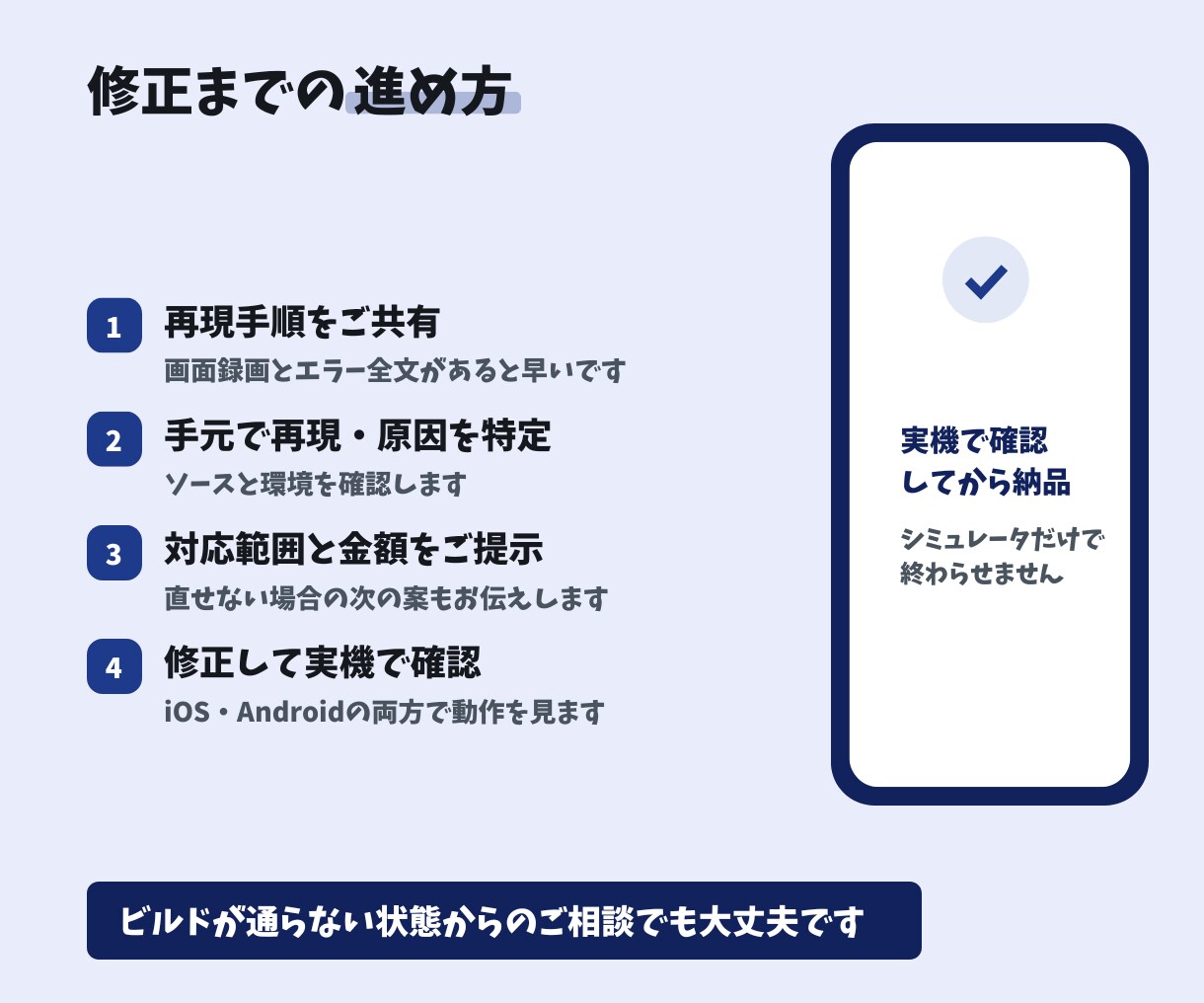 アプリの不具合・バグだけでも修正します フラッター／ビルドエラー／UI崩れ／iOS・Android イメージ3