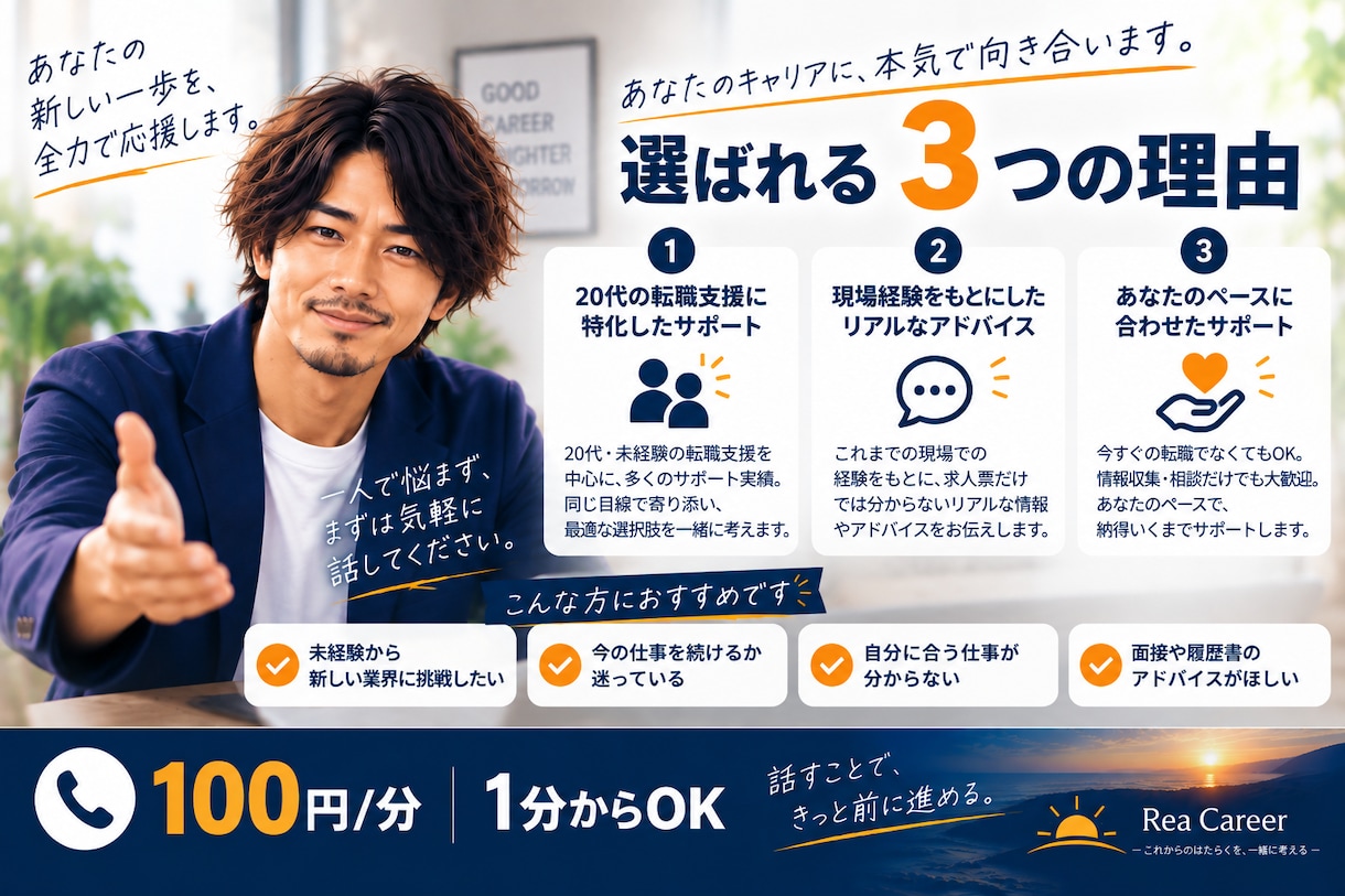 20代の転職の悩み、電話で気軽に相談にのります 転職するか迷っている段階でも大丈夫です イメージ4
