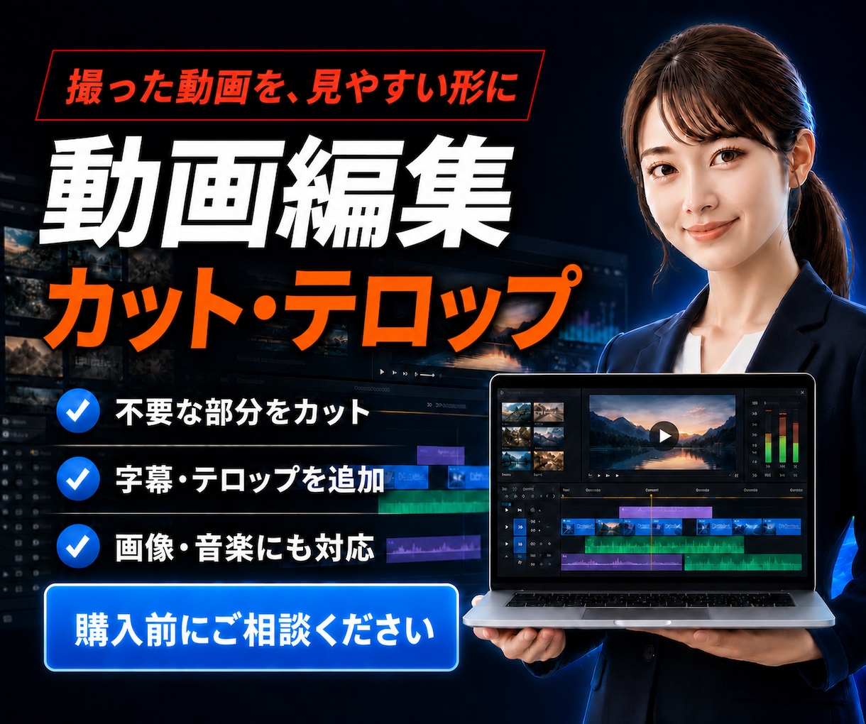 撮った動画を見やすく編集します いらない部分を整え、文字や音楽を加えます イメージ1