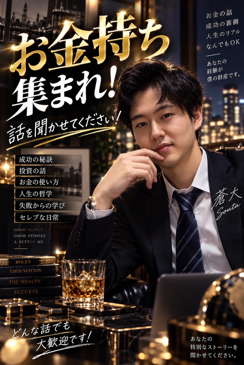 お金持ちの人生を蒼大が根掘り葉掘り聞きます 年収・仕事・投資・成功の秘訣…気になることを聞かせてください イメージ1