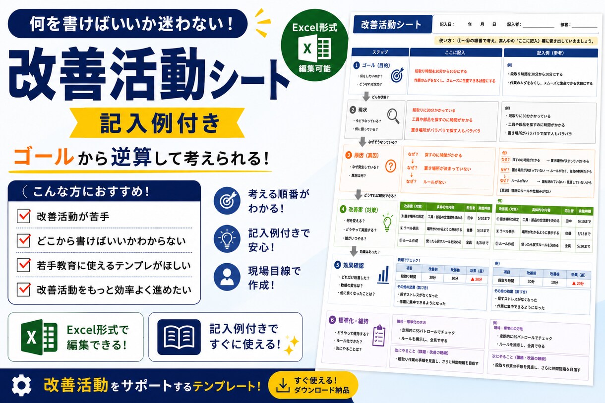 改善活動何を書けばいいか分からないを解決します 現場目線で作成！記入例付き改善シート イメージ1
