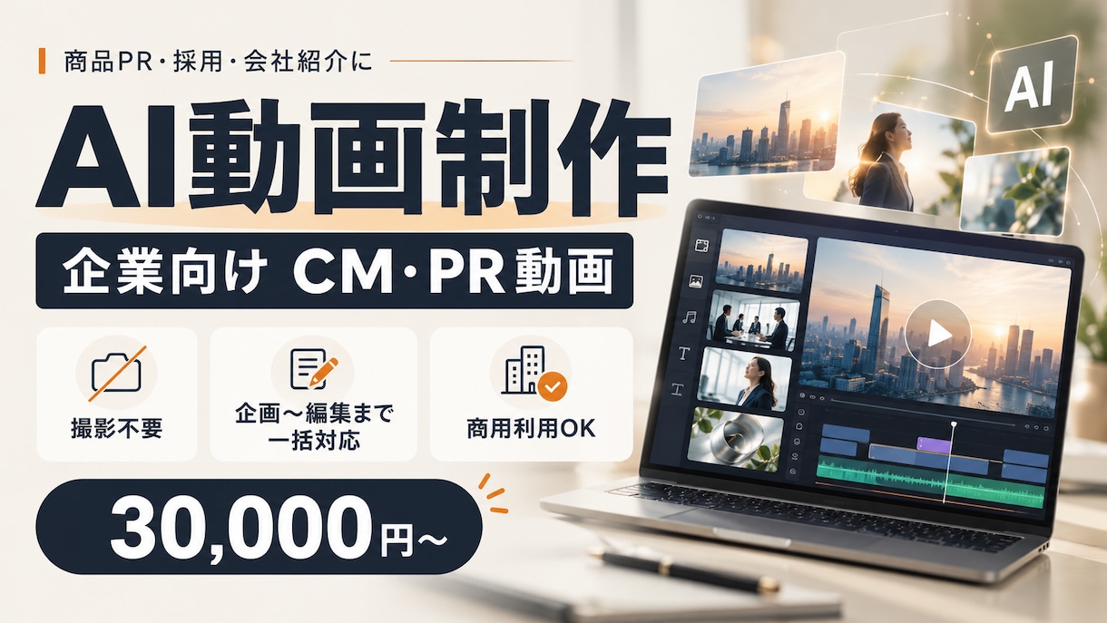 企業のPR・広告動画をAIで制作します 案件ごとに構成・トーンを調整。AIで、費用を抑えた広告動画を イメージ1