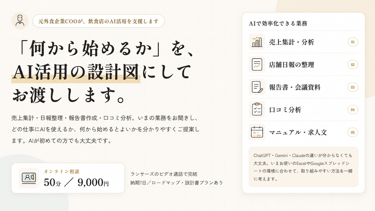 元副社長がAI初心者の外食本部を業務効率化します 外食企業の店舗・本部のAI活用をわかりやすく指南します◎ イメージ1