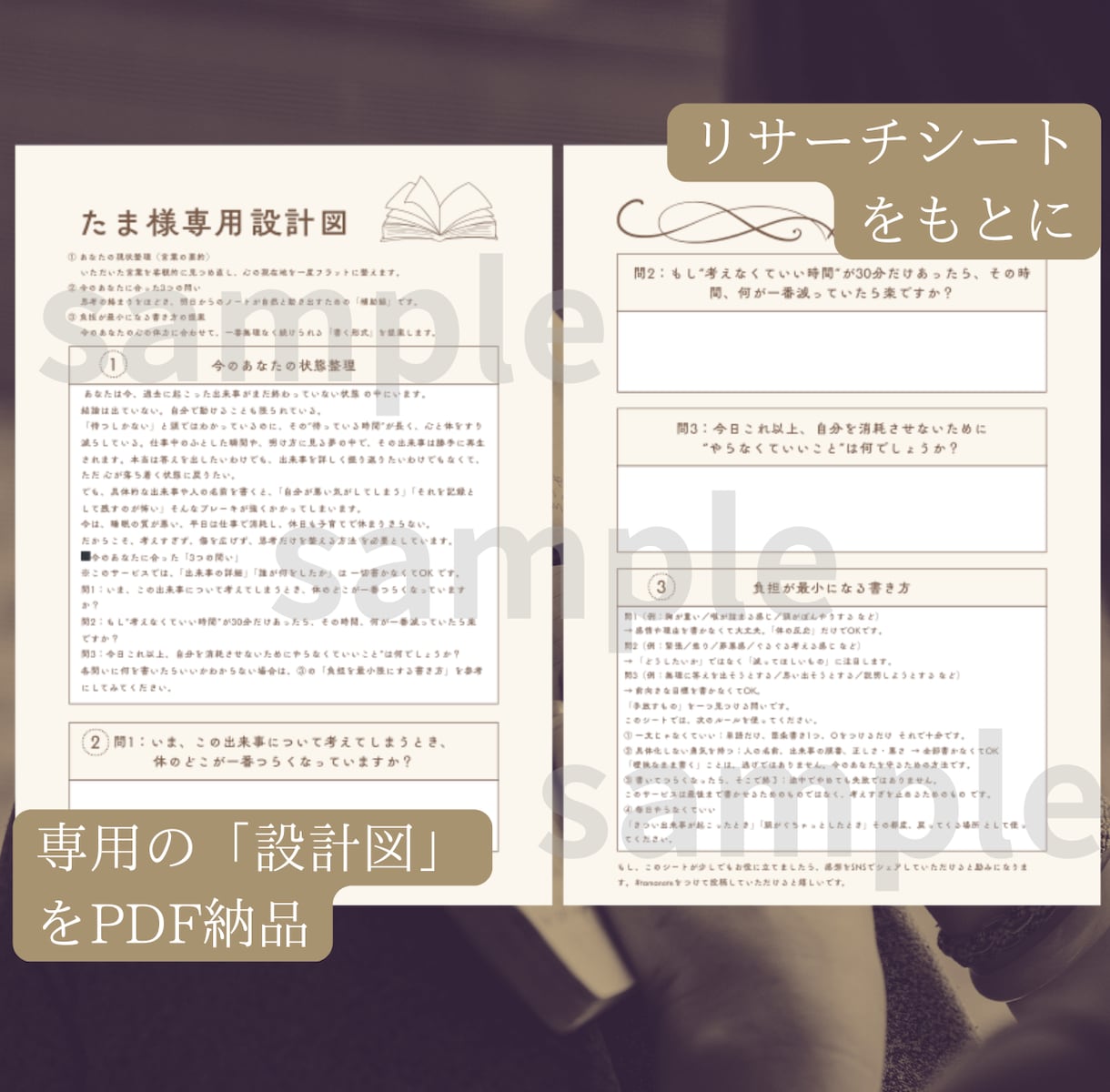 悩みが言葉にならない人のために書ける形へ整えます 考えすぎて書けない状態から、手が動く問いをお渡しします イメージ2