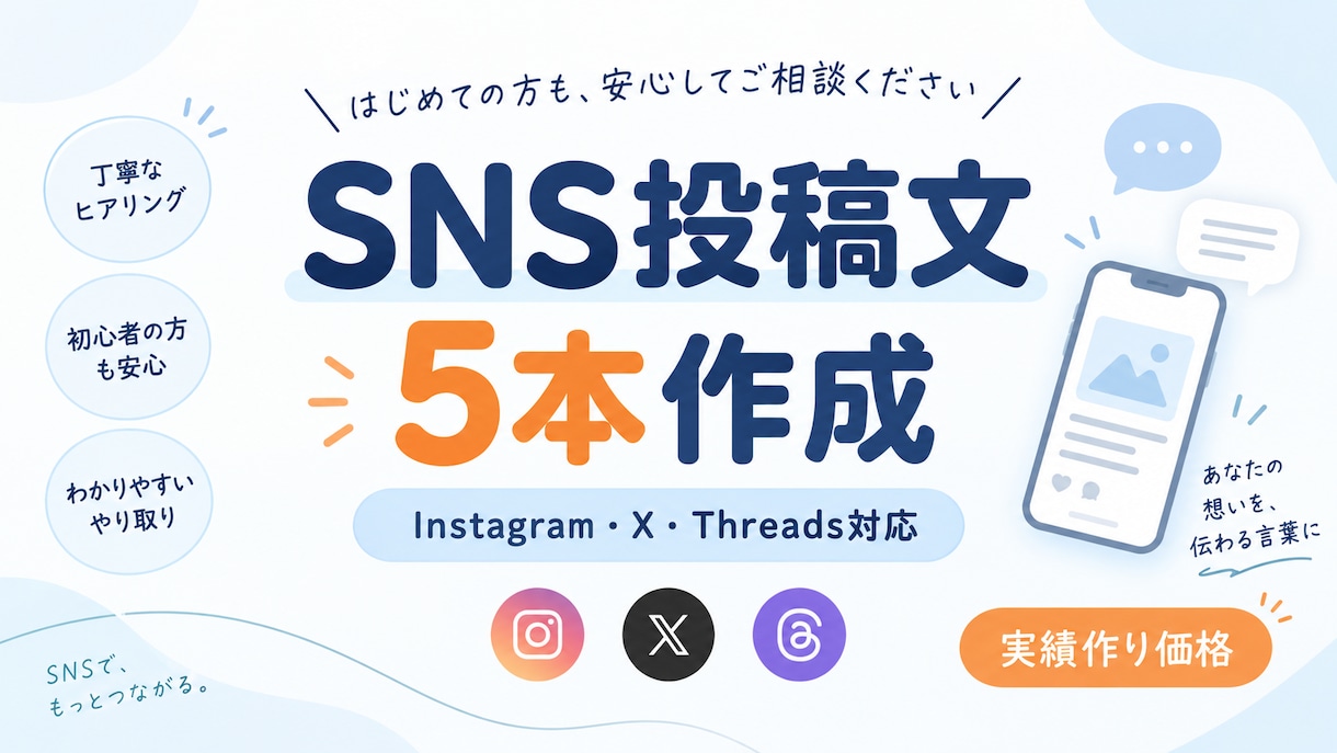 SNS投稿文を5本作成します Instagram・X・Threadsの文章を丁寧に整えます イメージ1