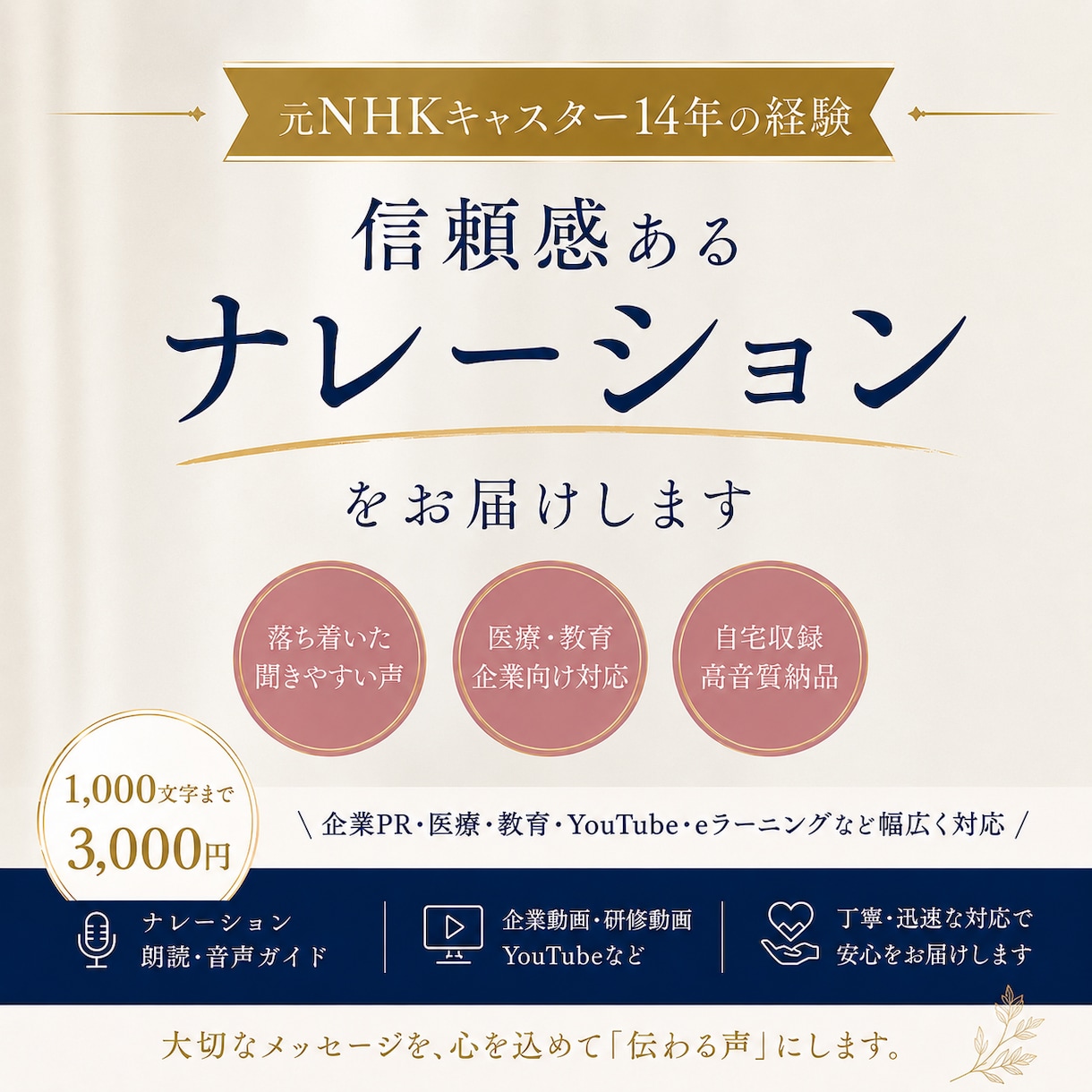 元NHKキャスターが信頼感あるナレーション届けます 伝わる・信頼される「声」で様々な案件に対応しています イメージ1