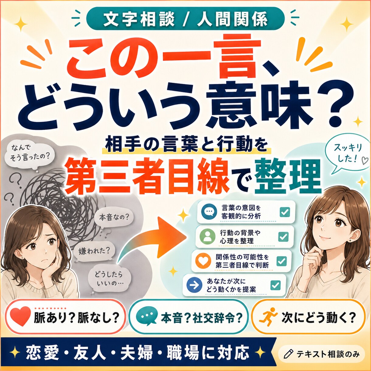 相手の言葉と行動を第三者目線で整理します 恋愛・仕事・人間関係｜深読みしすぎて分からない時に イメージ1
