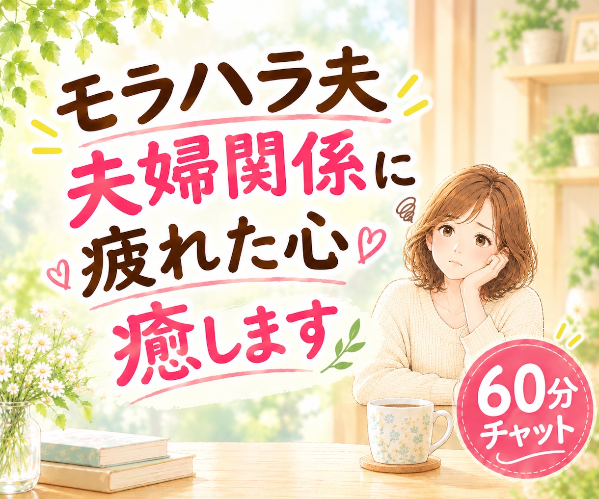 ６０分チャットで、夫婦関係の悩み、不満お聴きします モラハラ、夫婦関係にもう悩まないで！心の整理に寄り添います♡ イメージ1