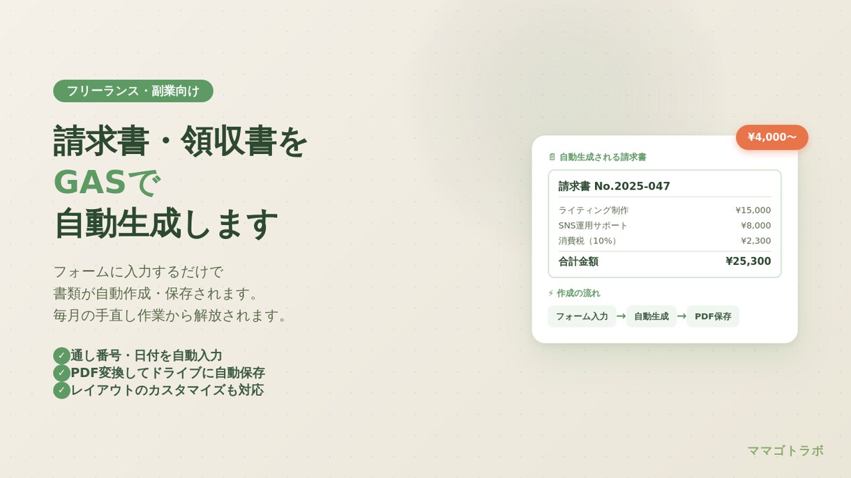 スプレッドシート請求書・領収書 自動生成します 入力→PDF保存まで、ボタン1つで完結 イメージ1