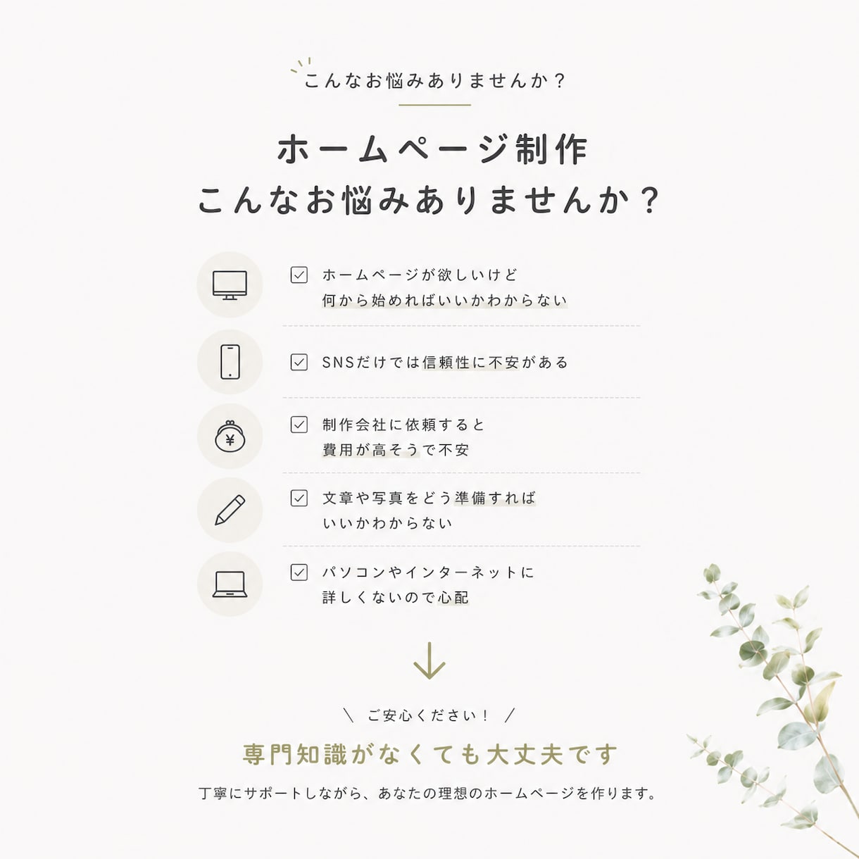 はじめてでも安心。ホームページ制作をサポートします 個人事業主向けスマホ対応・問合せフォーム付き イメージ2
