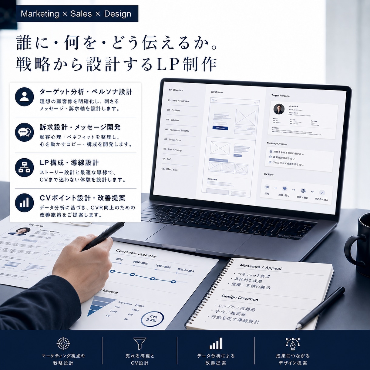 営業×マーケ視点で集客に繋がるLPを制作します 「誰に」「何を」「どう伝えるか」まで整理してLP化します。 イメージ2