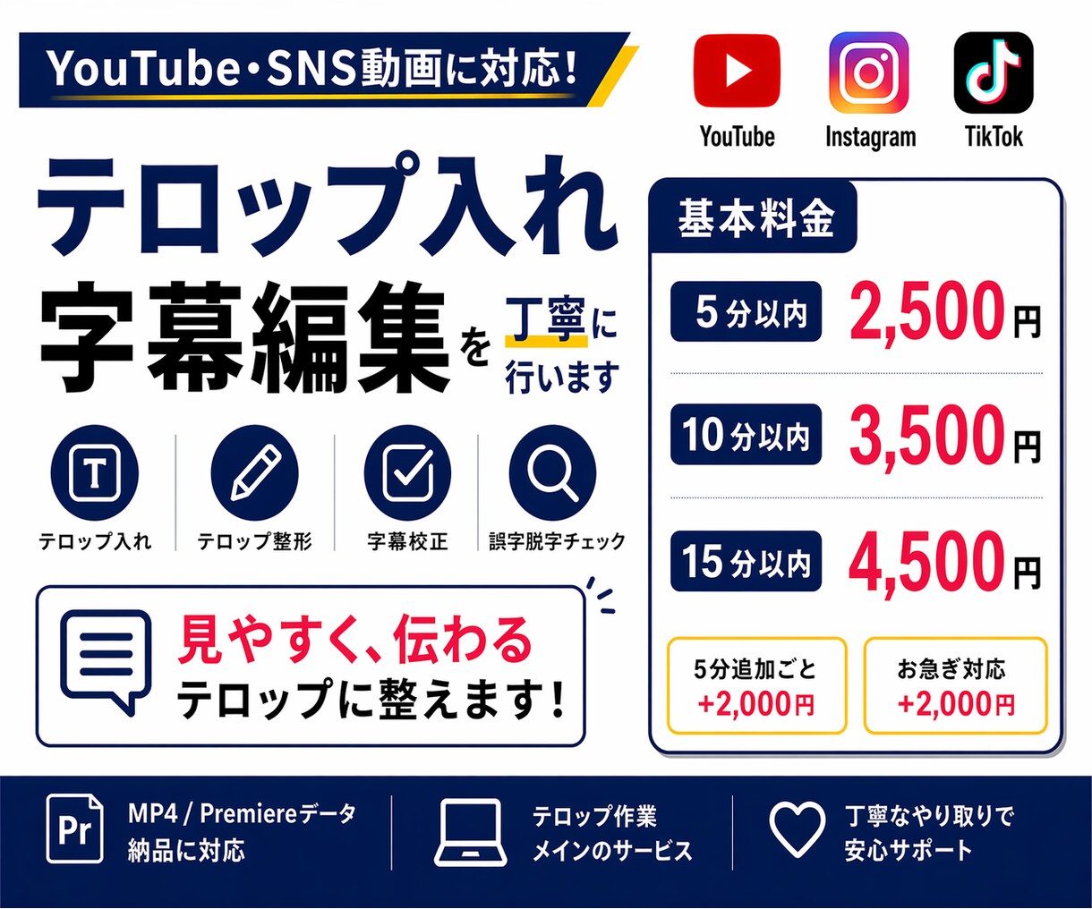 動画のテロップ入れ・字幕編集を丁寧に行います YouTube動画のテロップ整形・字幕校正に対応します イメージ1
