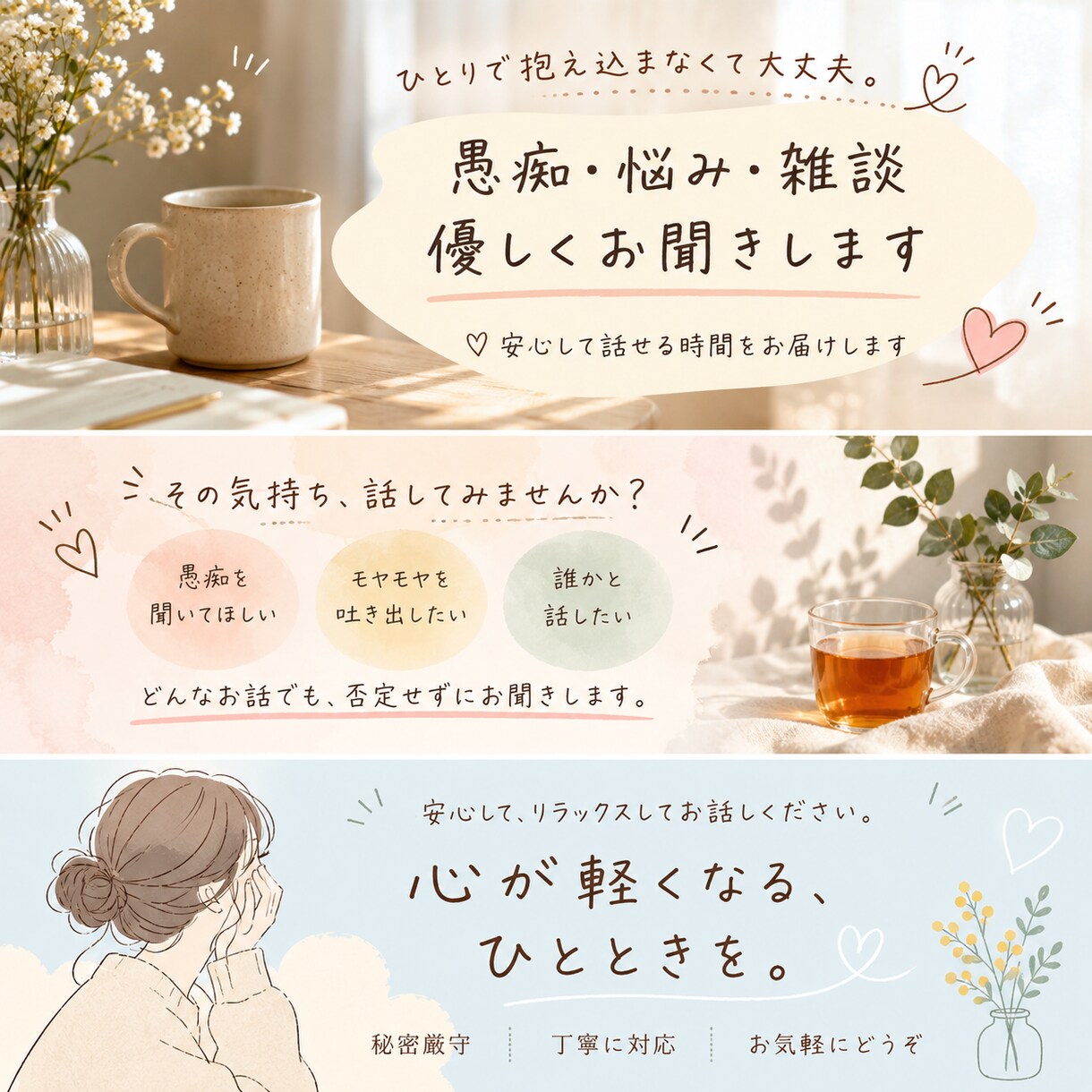 愚痴・悩み・雑談✨どんなお話でも優しくお聞きします ひとりで抱え込まなくて大丈夫。安心して話せる時間です。 イメージ1