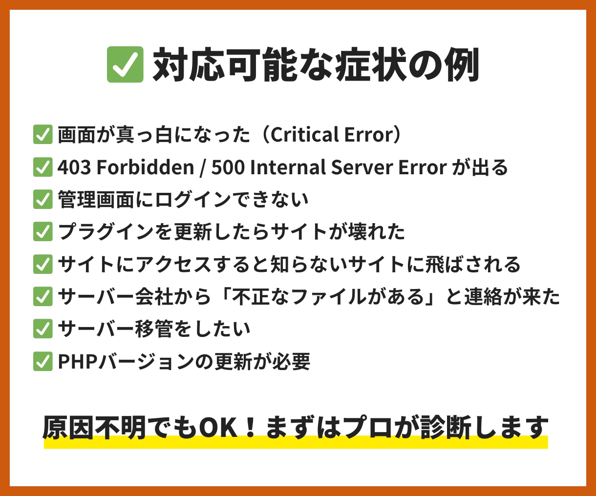 WordPressの真っ白画面やエラーを解決します セキュリティ専門家が対応・マルウェア・改ざんも即日対応可 イメージ2