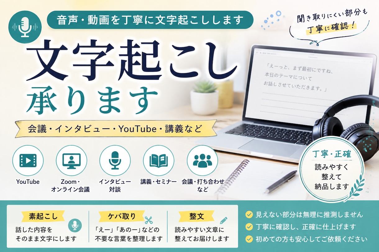音声・動画を丁寧に文字起こしします 聞き取りにくい部分も丁寧に確認し、読みやすい文章に整えます イメージ1