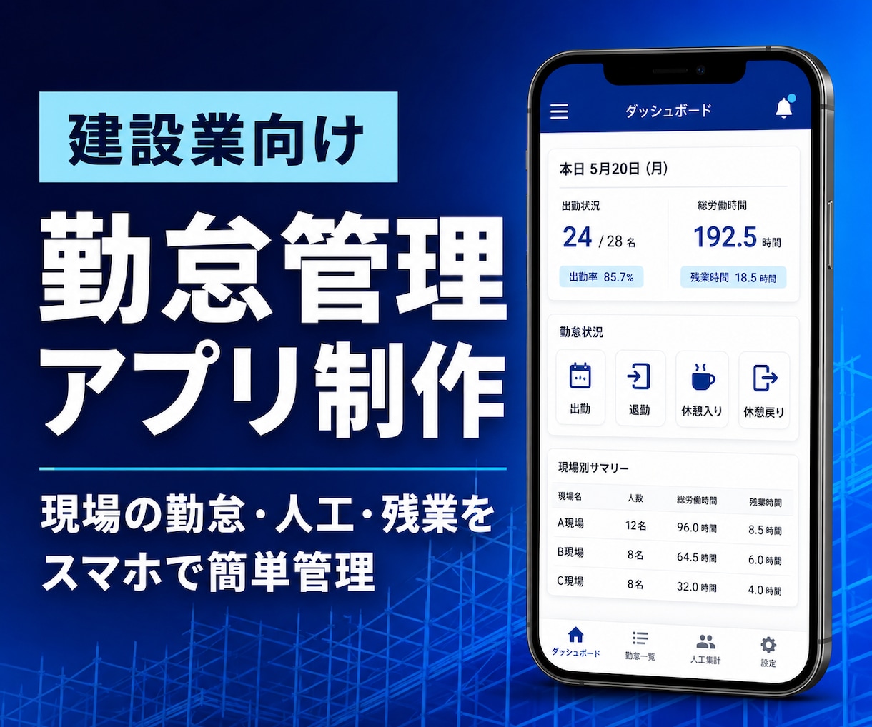 建設業向けの現場別勤怠管理アプリを制作します 現役の建設業者が、実際の現場で使える勤怠アプリを制作します イメージ1