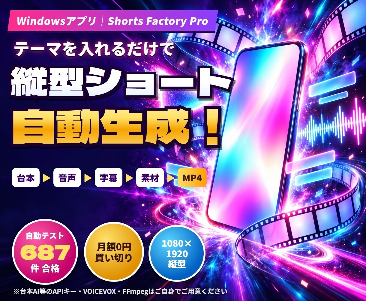 ショート動画自動生成ツールを販売します テーマ入力から台本・音声・字幕・縦型MP4まで イメージ1