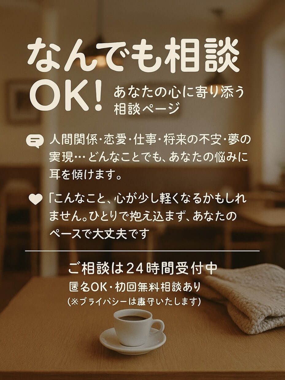 愚痴、恋愛、人間関係など様々な相談や話を聞きます 人間関係・仕事関係・恋愛・将来など！親身になって相談のります イメージ1