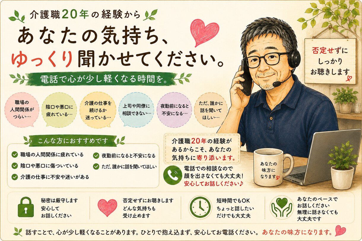 介護職の方がお悩みをお聞きします 介護職の方少しでもストレスが緩和できるように頑張ります。 イメージ1