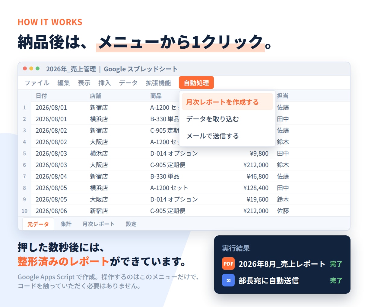 GAS・スプレッドシート作業を自動化します 毎月の集計・転記が、あなたの手を離れて自動で回ります イメージ4
