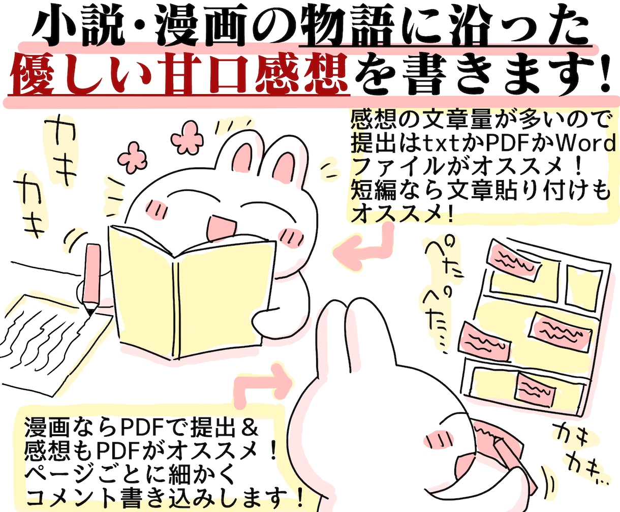 貴方の小説や漫画を優しい感想やPV動画で応援します お急ぎOK！感想のみOK！創作友達として感想文を送ります！ イメージ1