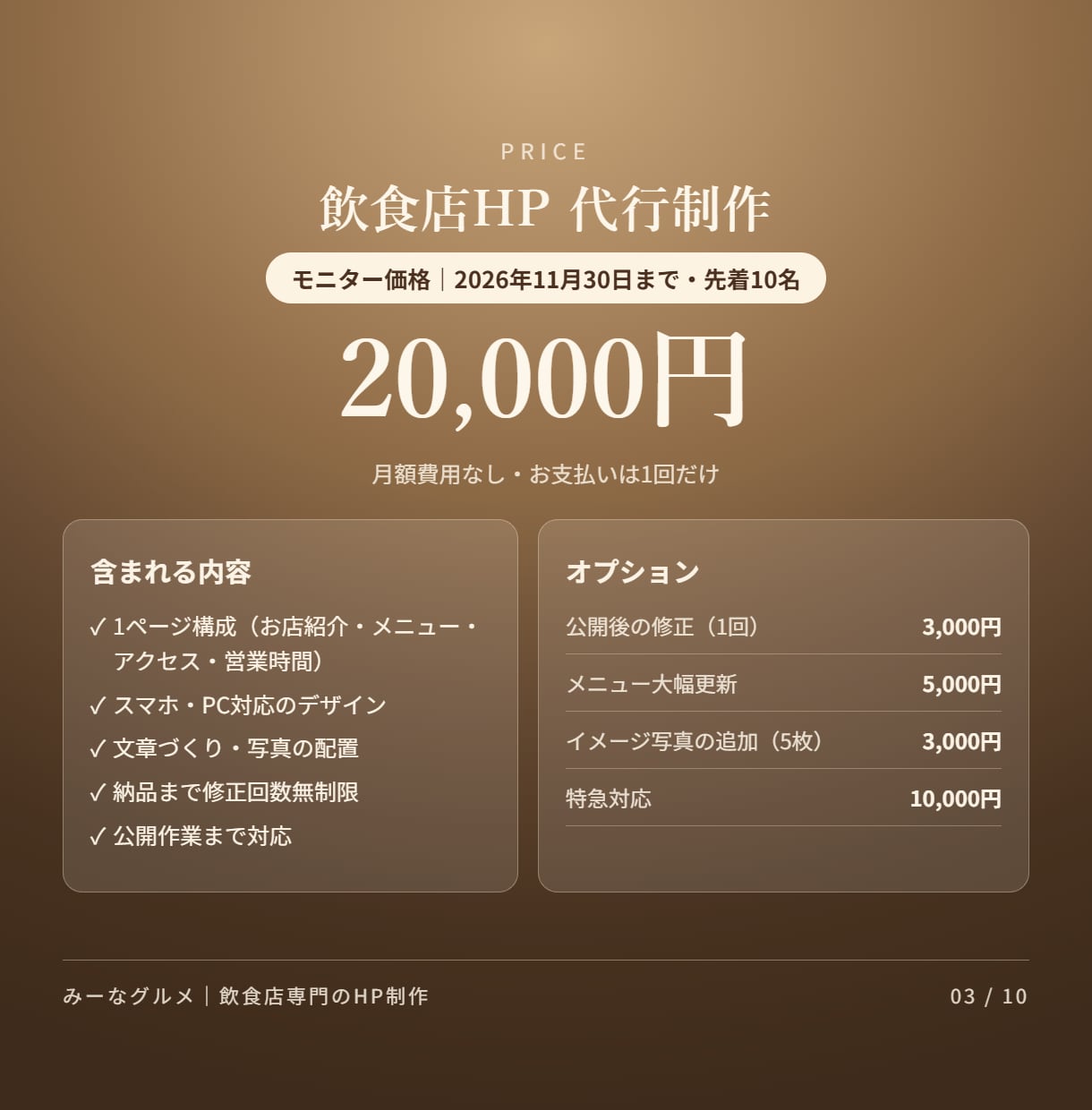 モニター価格｜飲食店のホームページを作ります 11月末までモニター価格。グルメ発信者がHPを制作 イメージ3