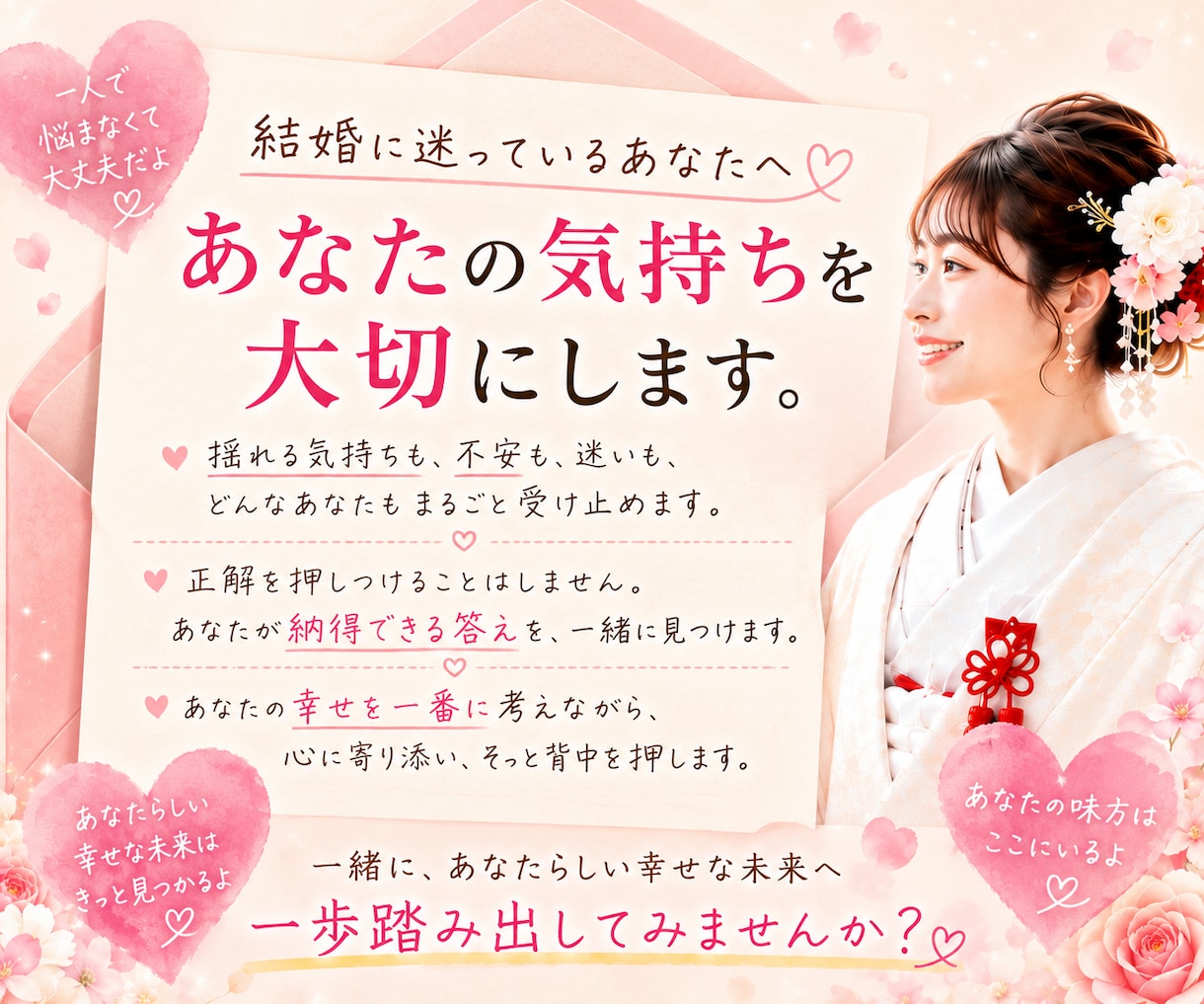 誰にも言えない恋愛の悩み、結婚の迷い、不安聴きます 後悔しない結婚を！辛い恋愛は卒業！幸せ恋愛・結婚をサポート イメージ9