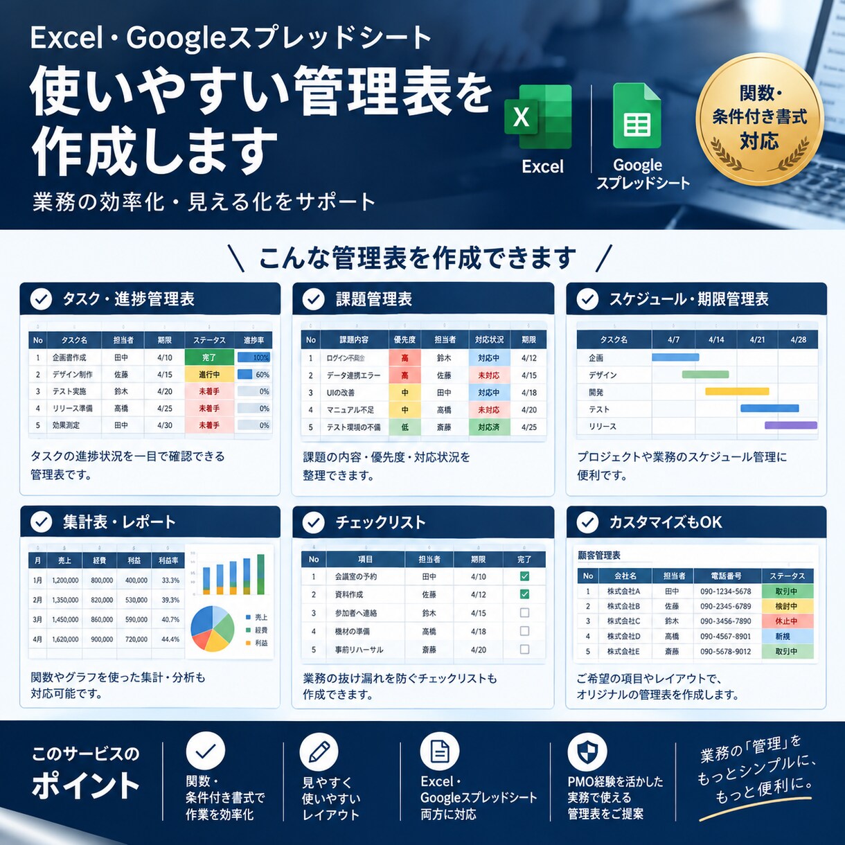 使いやすい管理表を作成します Excel・スプレッドシート対応、関数や色分けも設定 イメージ1