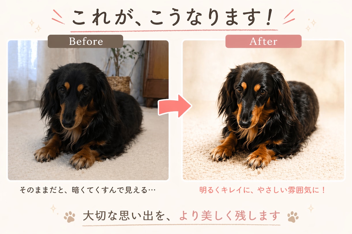 昔のペットの写真でも、綺麗に残します 色褪せてしまった思い出写真も、可愛く綺麗な形に整えます。 イメージ1