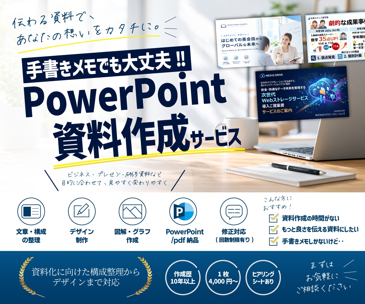 もっと伝わるパワポ、わかりやすく作成します 資料にする時間がない方へ。構成から見やすく整えます。 イメージ1