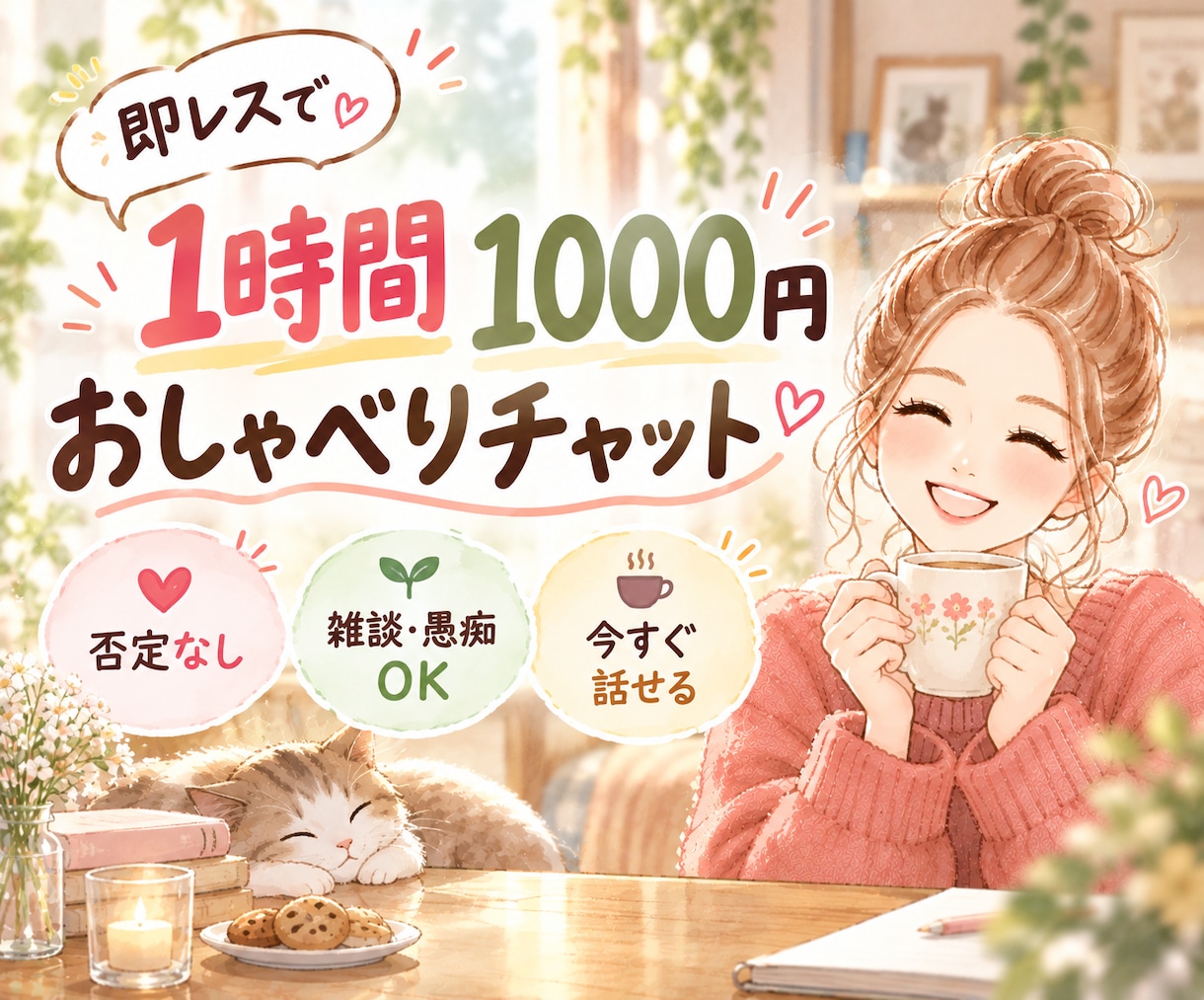 1時間1000円♡あなたのお話に優しく寄り添います 愚痴・悩み・雑談なんでも歓迎♡気軽に話せる癒しのチャット時間 イメージ1