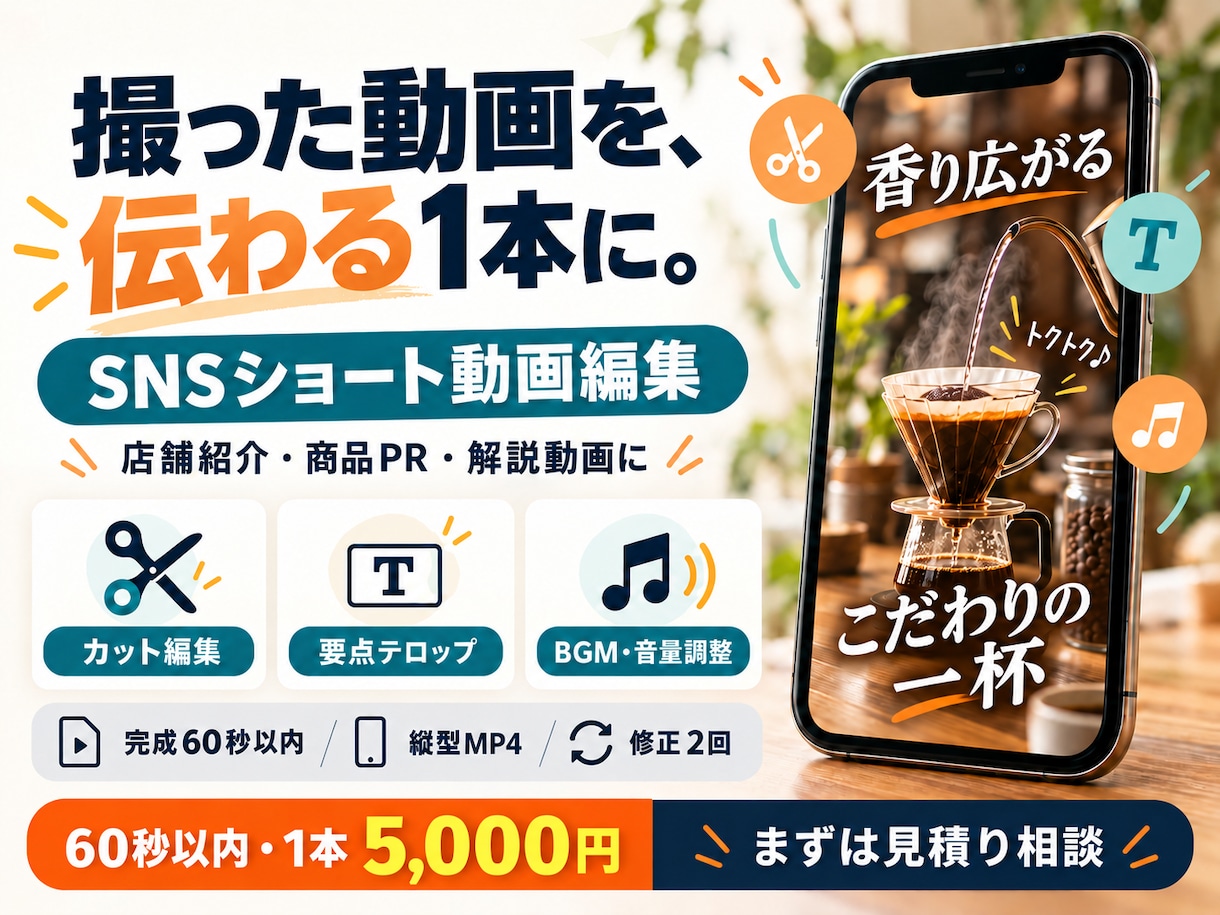 SNS向けの見やすいショート動画を編集します 撮影した素材を、字幕と音で伝わる1本に イメージ1
