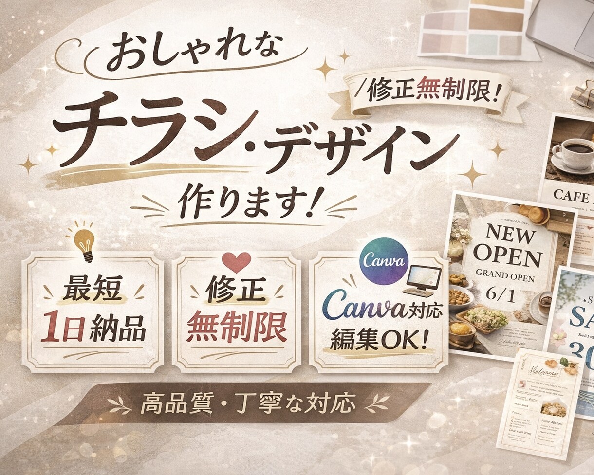 ロゴ、チラシ、メニュー、サムネイルなどお作りします おしゃれにデザインします。修正無制限でデザイン作成! イメージ1