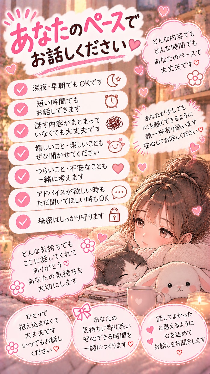 あなたのお話をゆっくりききます 誰かに聞いてほしいそんな時、あなたのお話相手になります イメージ10