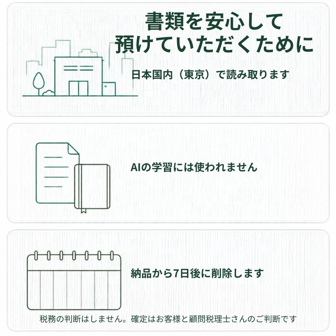 スマホで撮った領収書30枚をExcelの表にします 国内のサーバーで読み取り。AIの学習には使われません。 イメージ3