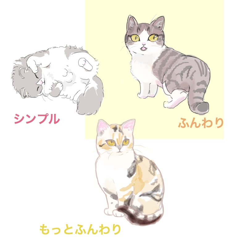 かわいい猫のイラストを描きます シンプル〜ふんわりの絵の風合いをお選びいただけます。 イメージ1