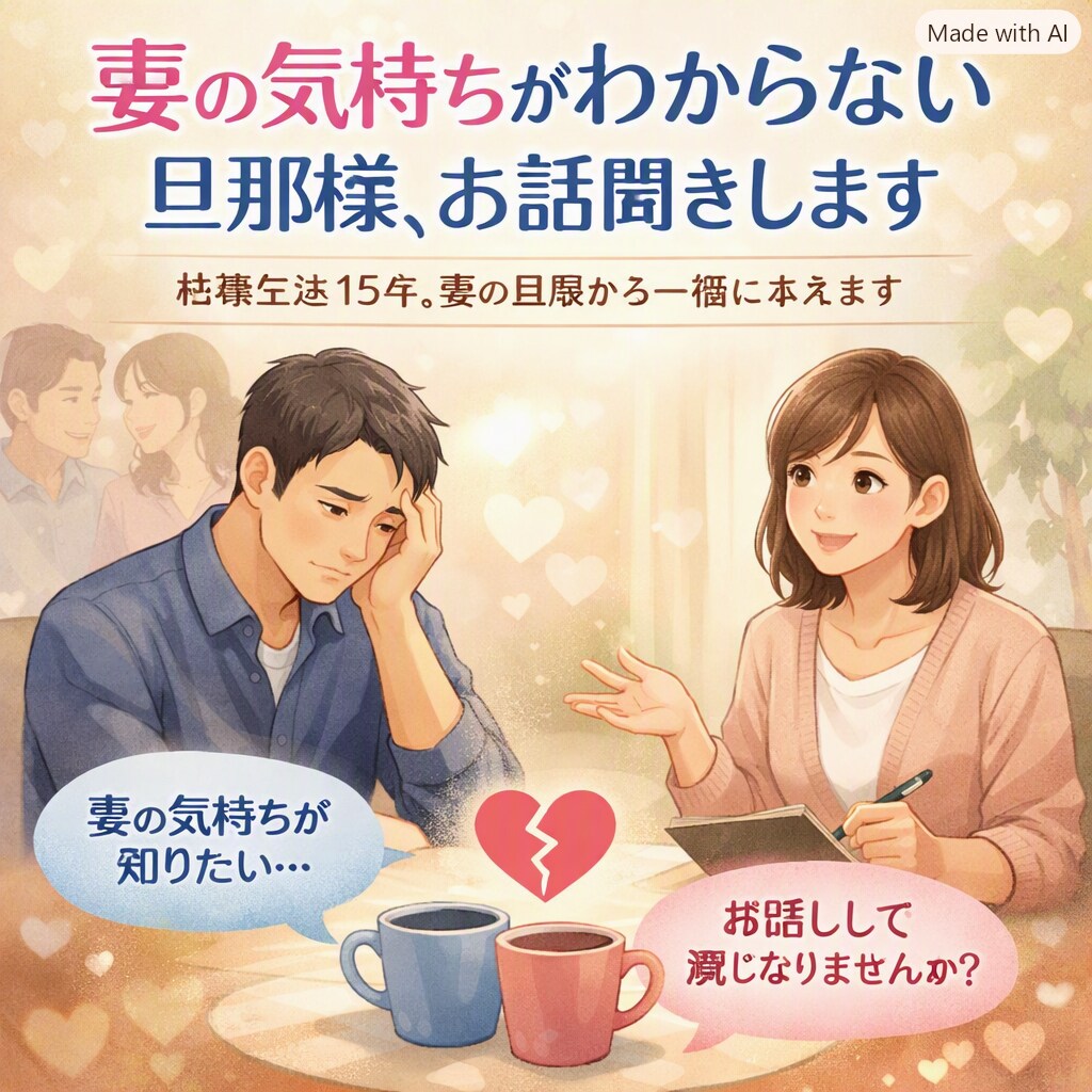 妻の気持ちがわからない旦那様、お話聞きします 結婚生活15年。妻の目線から一緒に考えます イメージ1