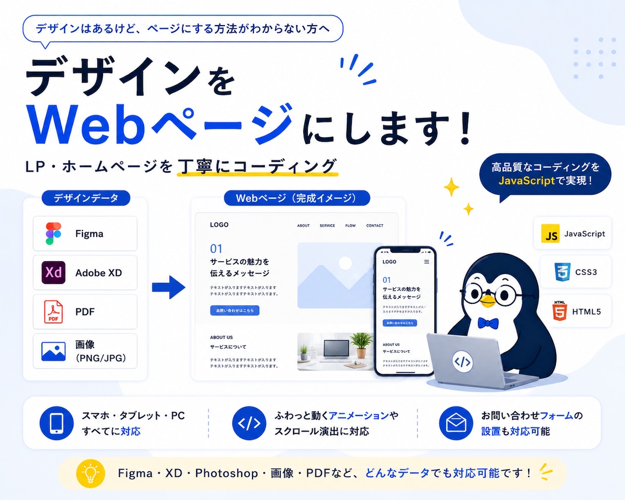 デザインをもとにホームページ・LPを作ります デザインデータをお渡しいただければ、あとはお任せください イメージ1
