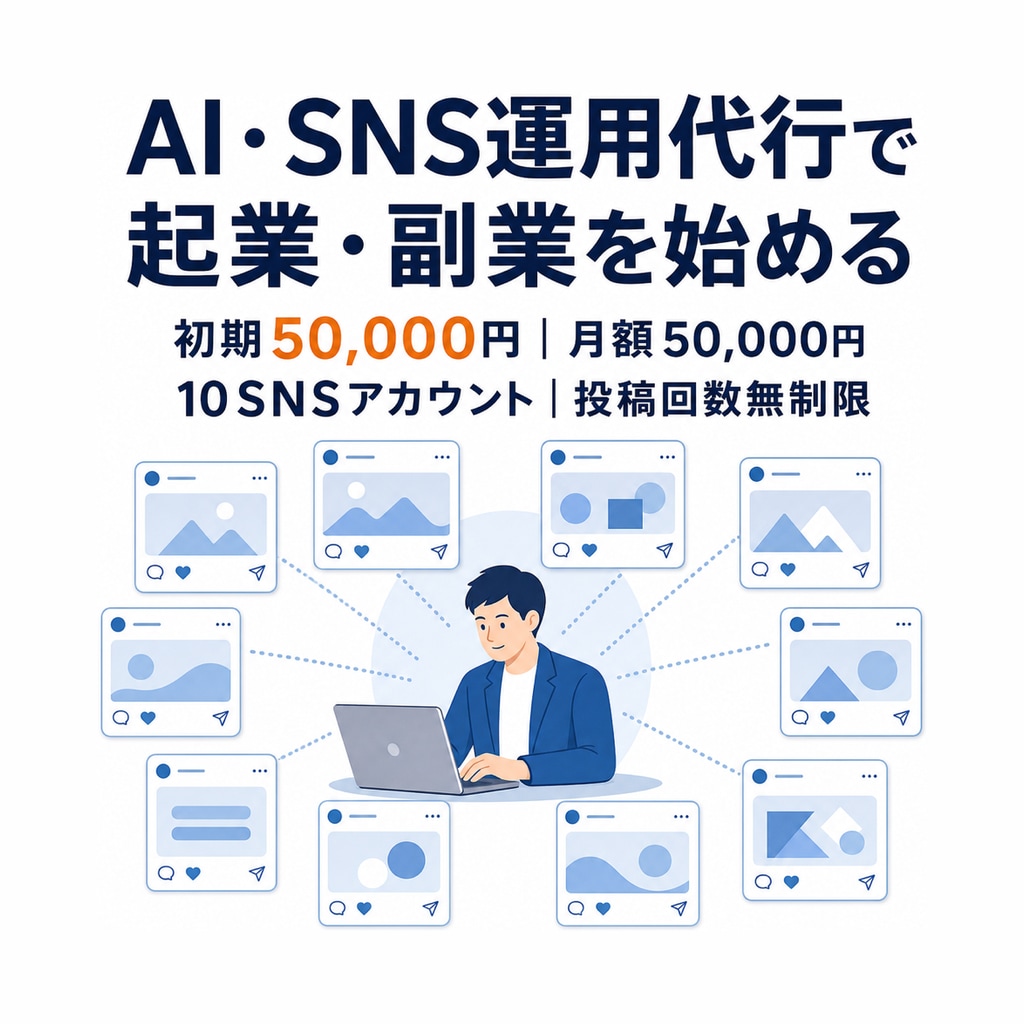 AI・SNS運用代行で起業・副業を始められます 初期5万円・月額5万円｜10アカウント・投稿回数無制限 イメージ1