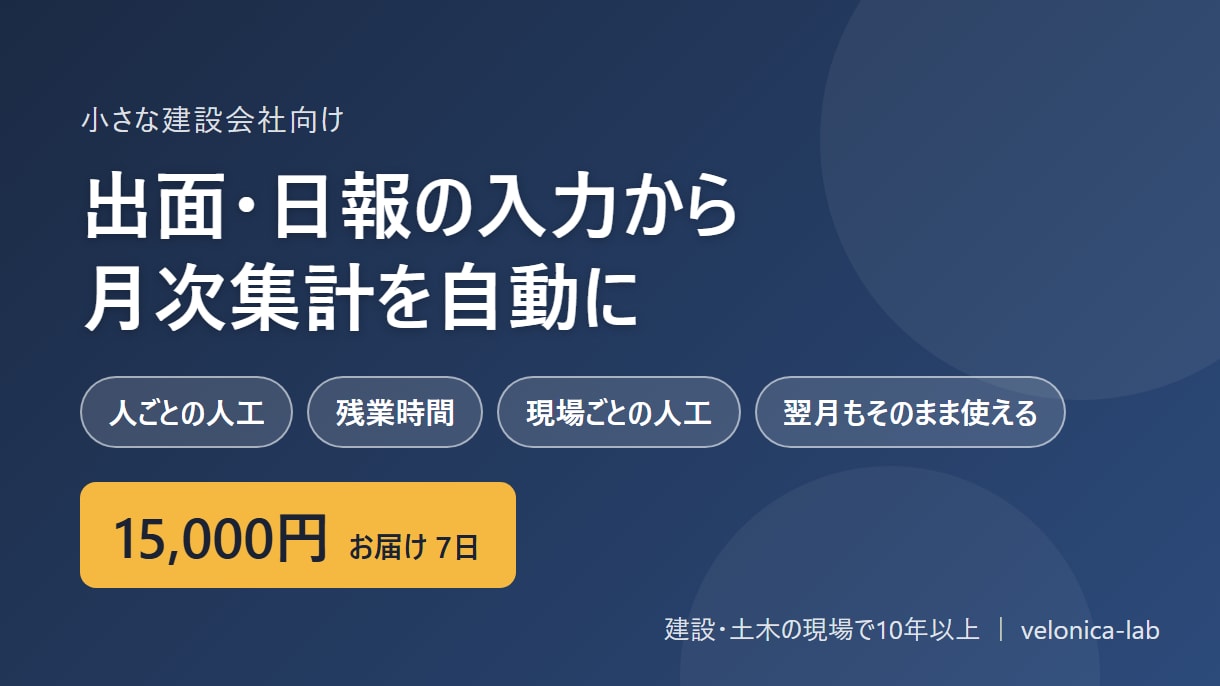 建設業の出面・日報から月次集計を自動化します 毎日の出面入力から、人工・残業・現場別の月次集計まで自動で イメージ1