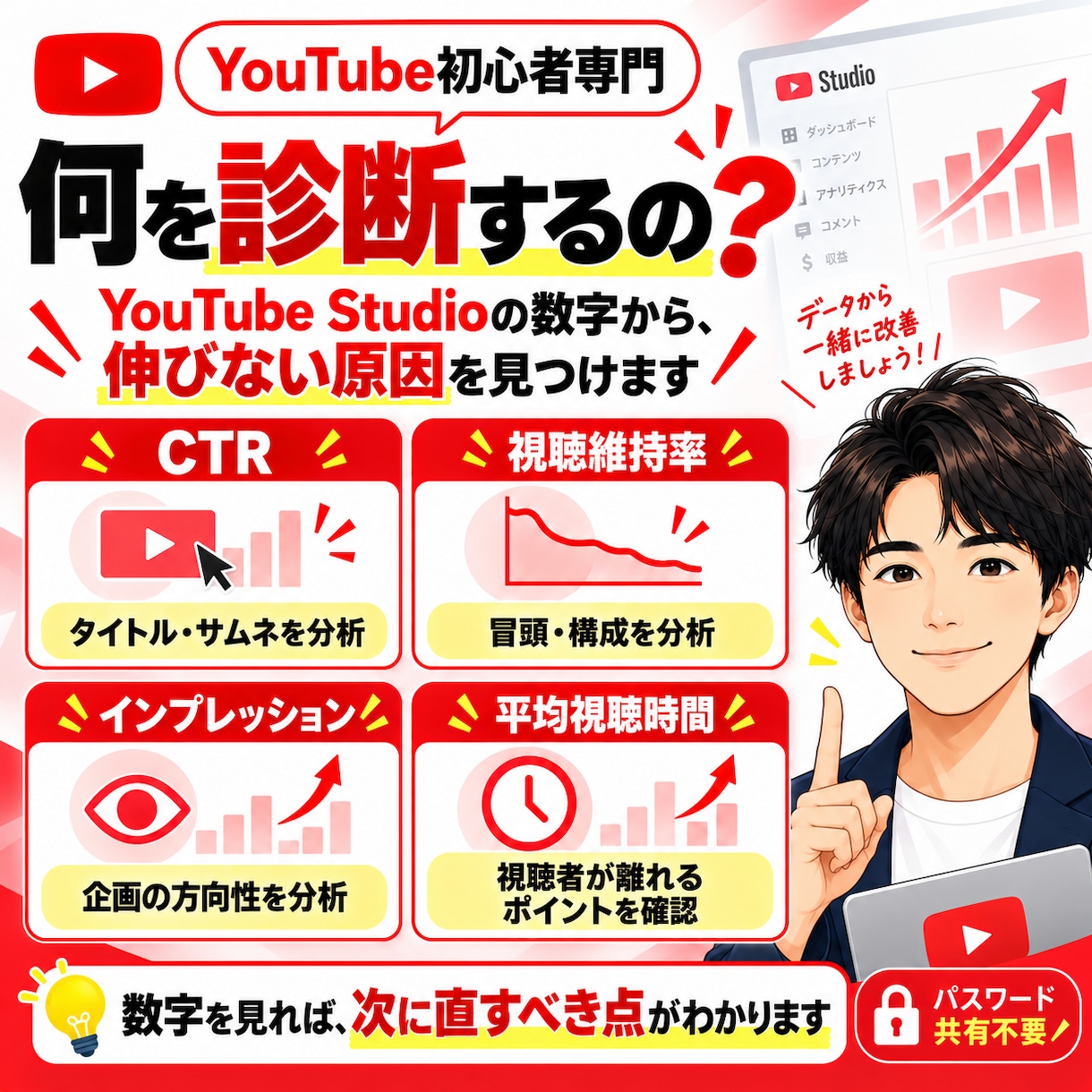 YouTubeの伸びない原因を徹底診断します 再生数・維持率・タイトル・サムネ・構成まで個別分析！ イメージ2