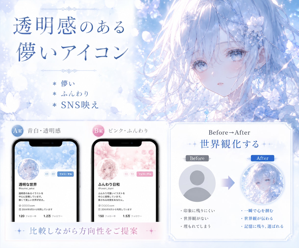 透明感のある儚いアイコン制作します 儚くやさしい世界観で仕上げます イメージ1
