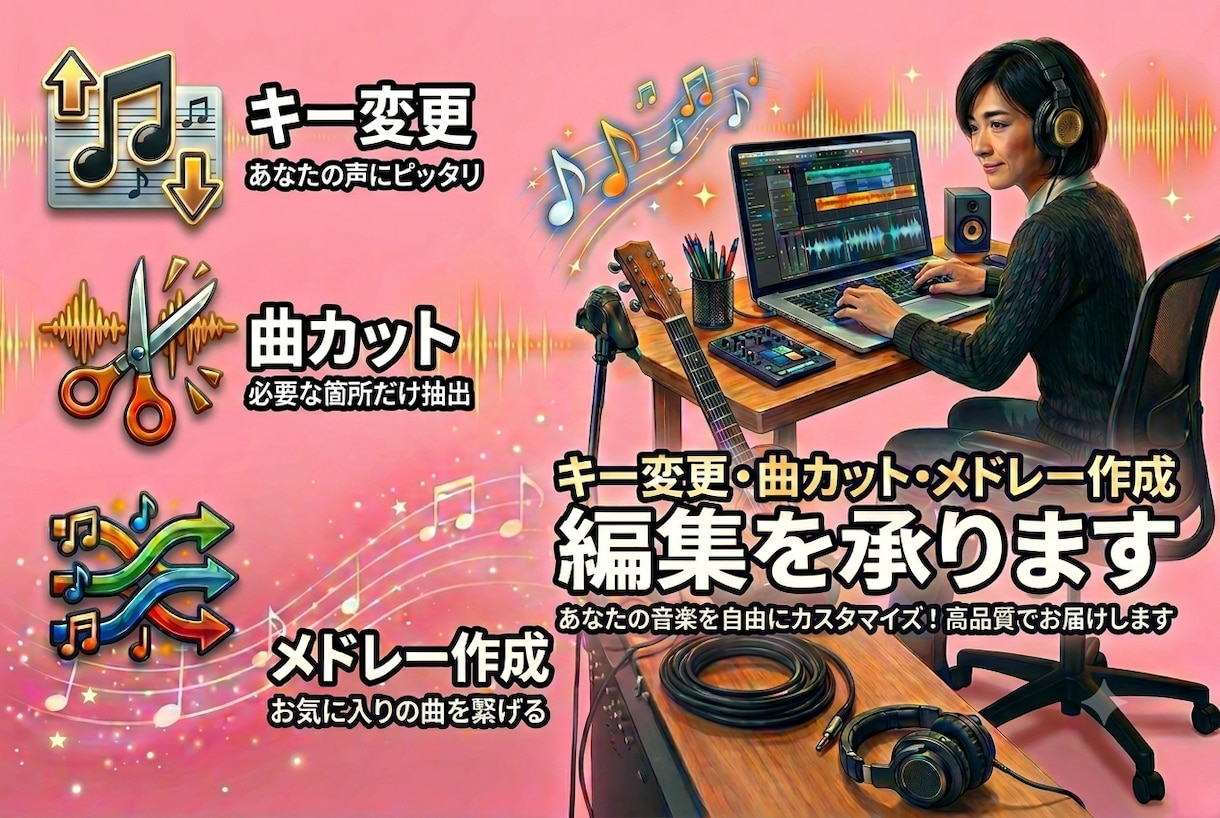 キー変更や曲カット、メドレー作成の編集を承ります イベントで使う曲を編集したい。動画のBGMを編集したい。 イメージ1