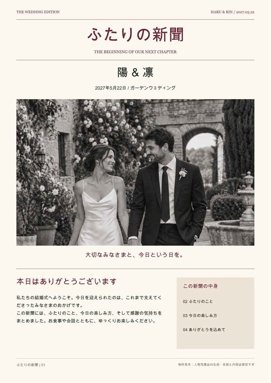 写真と文章で日本語の結婚新聞4ページを作ります 自作の手間を減らして、おふたりらしい一冊へ。PDF納品 イメージ3