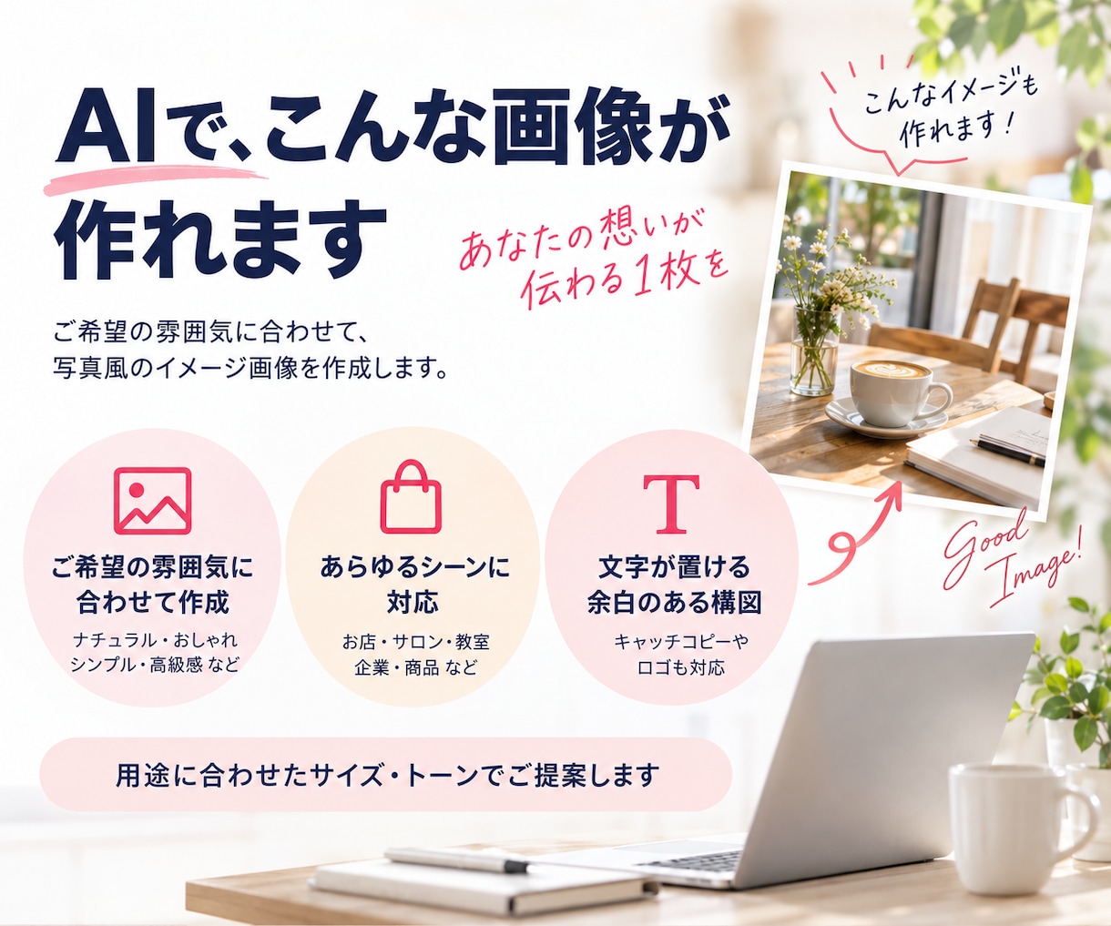 HPやSNSに使う写真風のAI画像を作ります 欲しい場面と構図に合わせて、掲載用の一枚を制作 イメージ3
