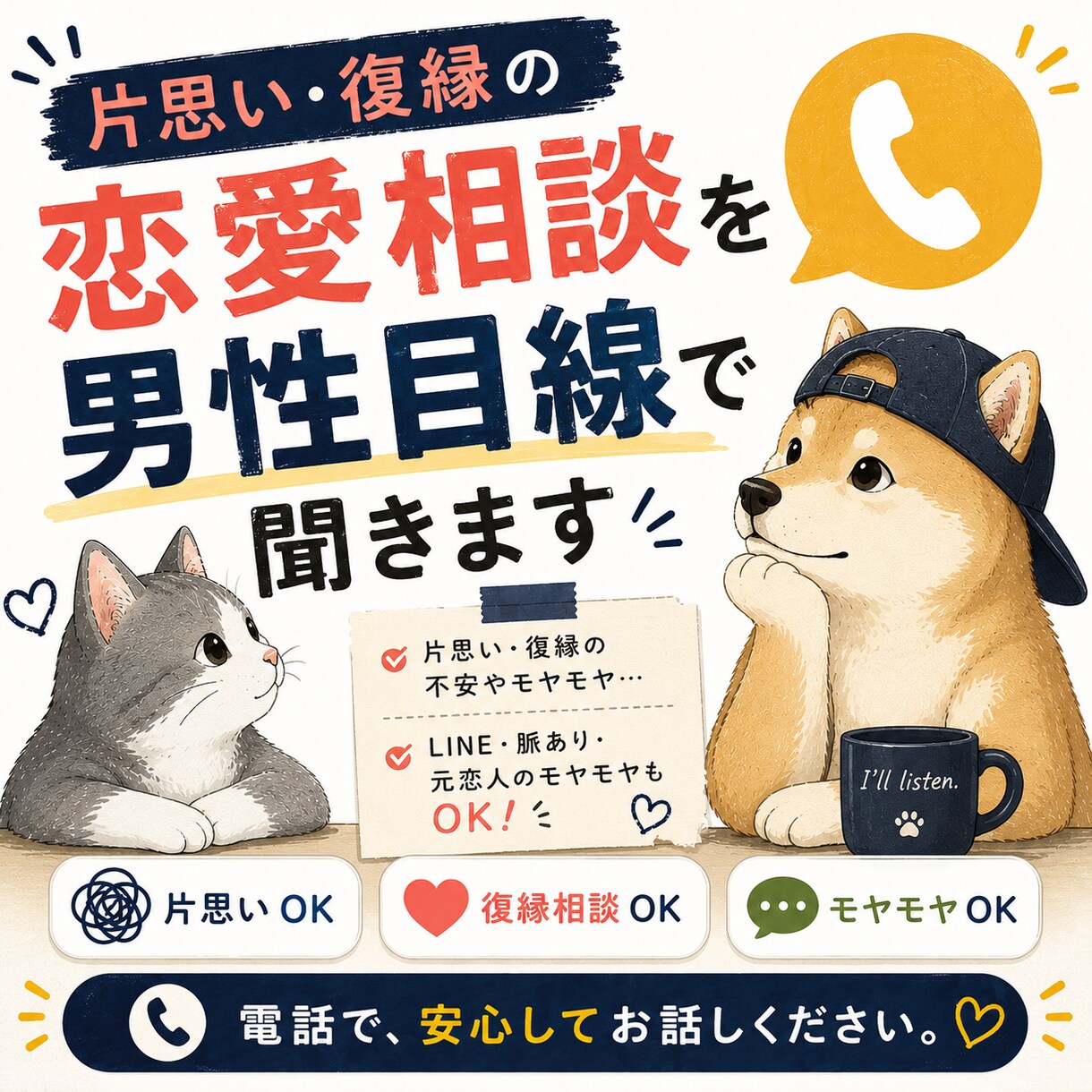 片思い・復縁の恋愛相談を男性目線で聞きます 誰にも言えない恋愛のモヤモヤを否定せずにお聞きします イメージ1